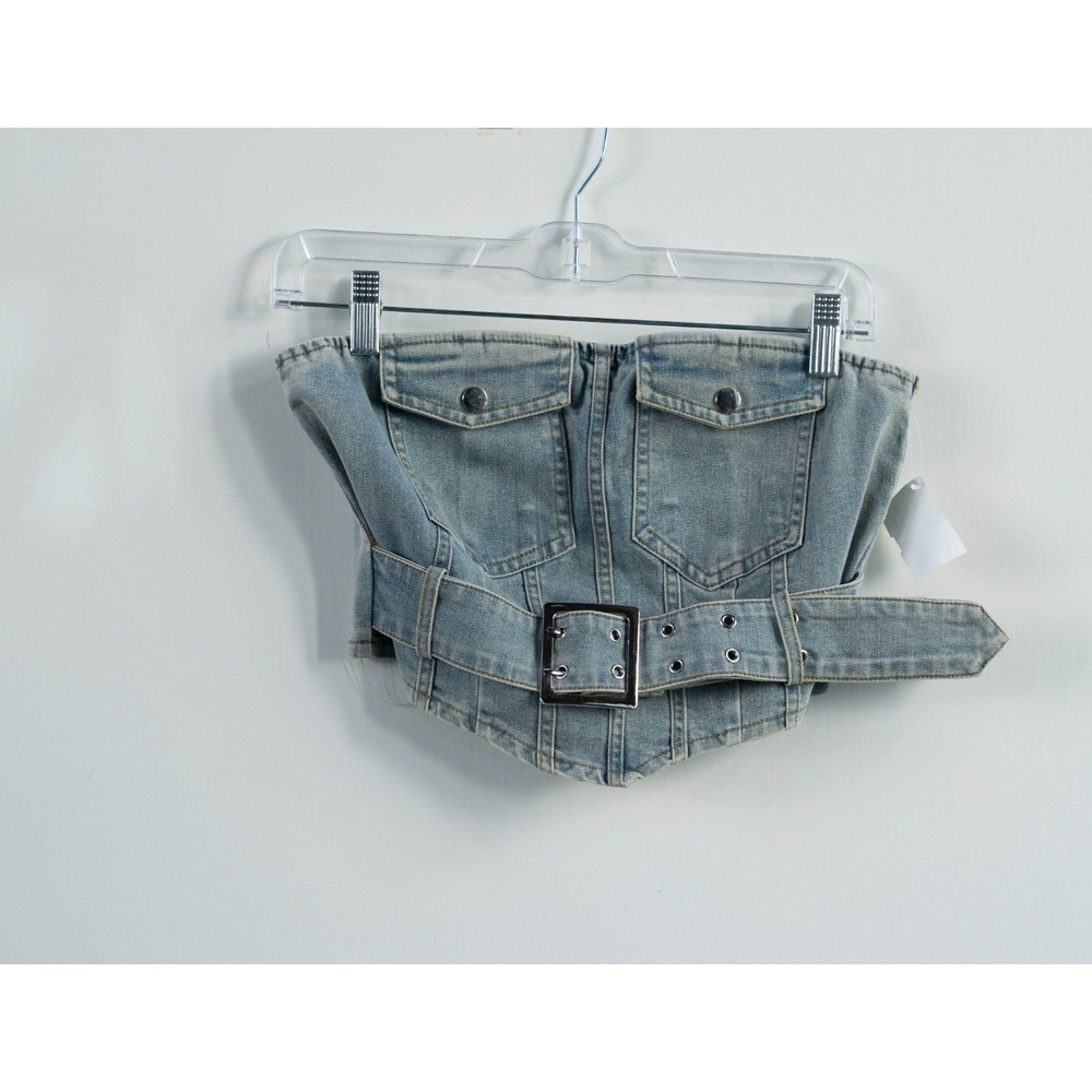 NWT French Kiss Blue Denim Strapless Cropped Tube Top Belted Womens Small